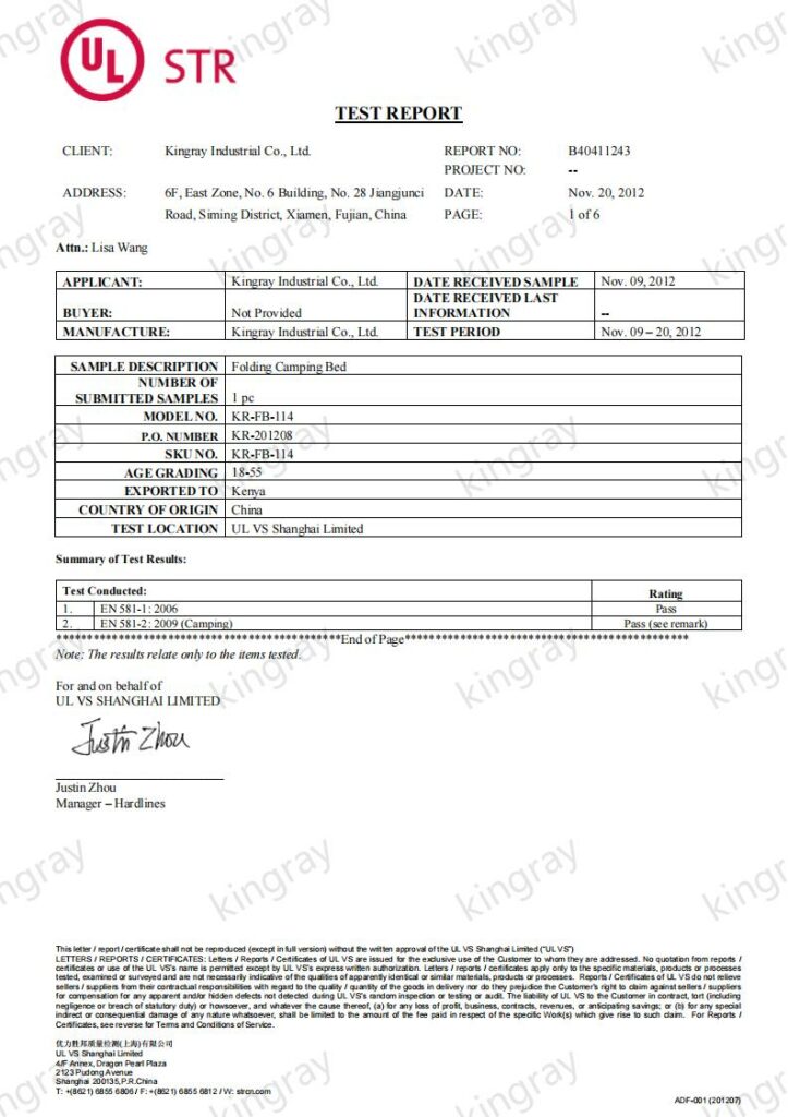 EN581 Prøvningsrapport for campingsenge KR FB 114 00