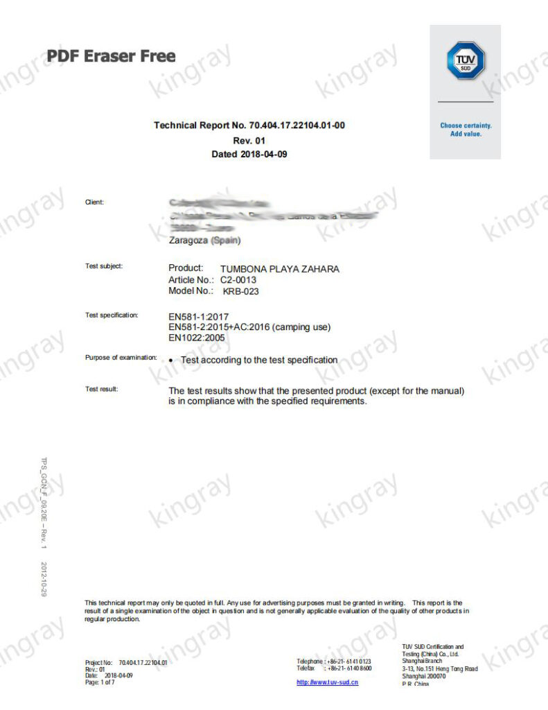 EN581 testing report for sun bed from kingray