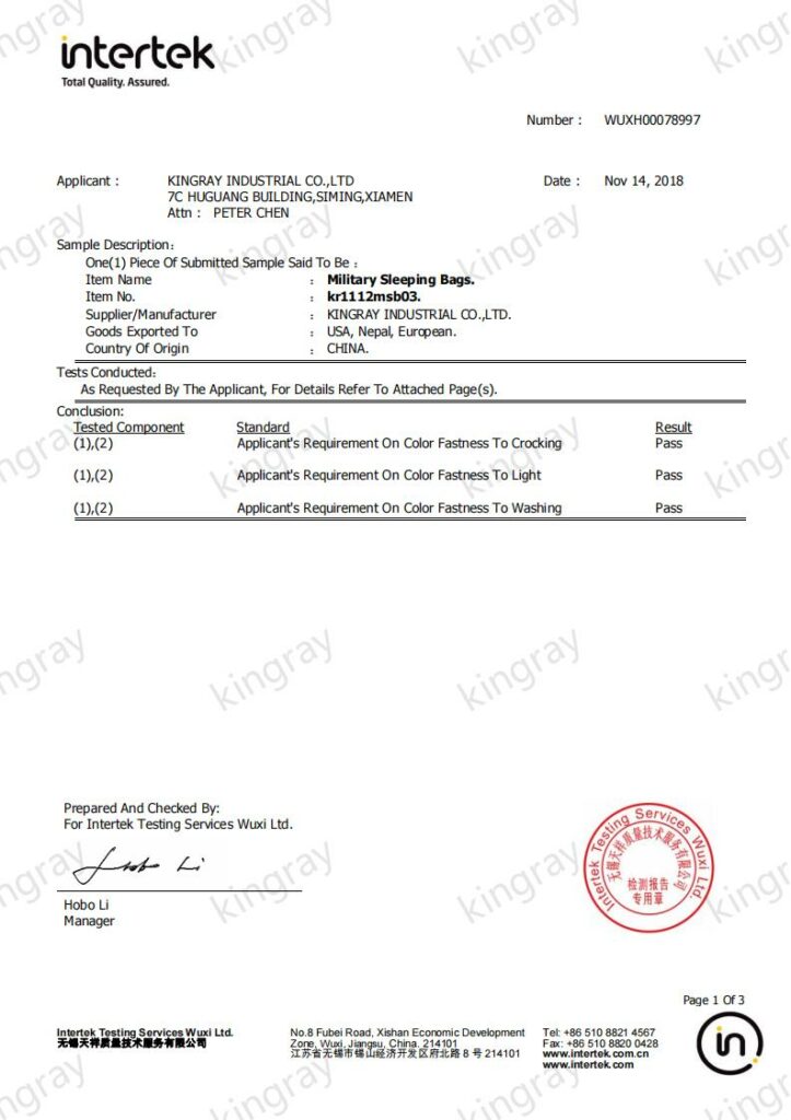 ITS Report for sleeping bags from Kingray 00