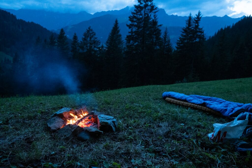 Lagerfeuer auf grünem Grasfeld in der Nähe von blauem Zelt und grünen Kiefern tagsüber